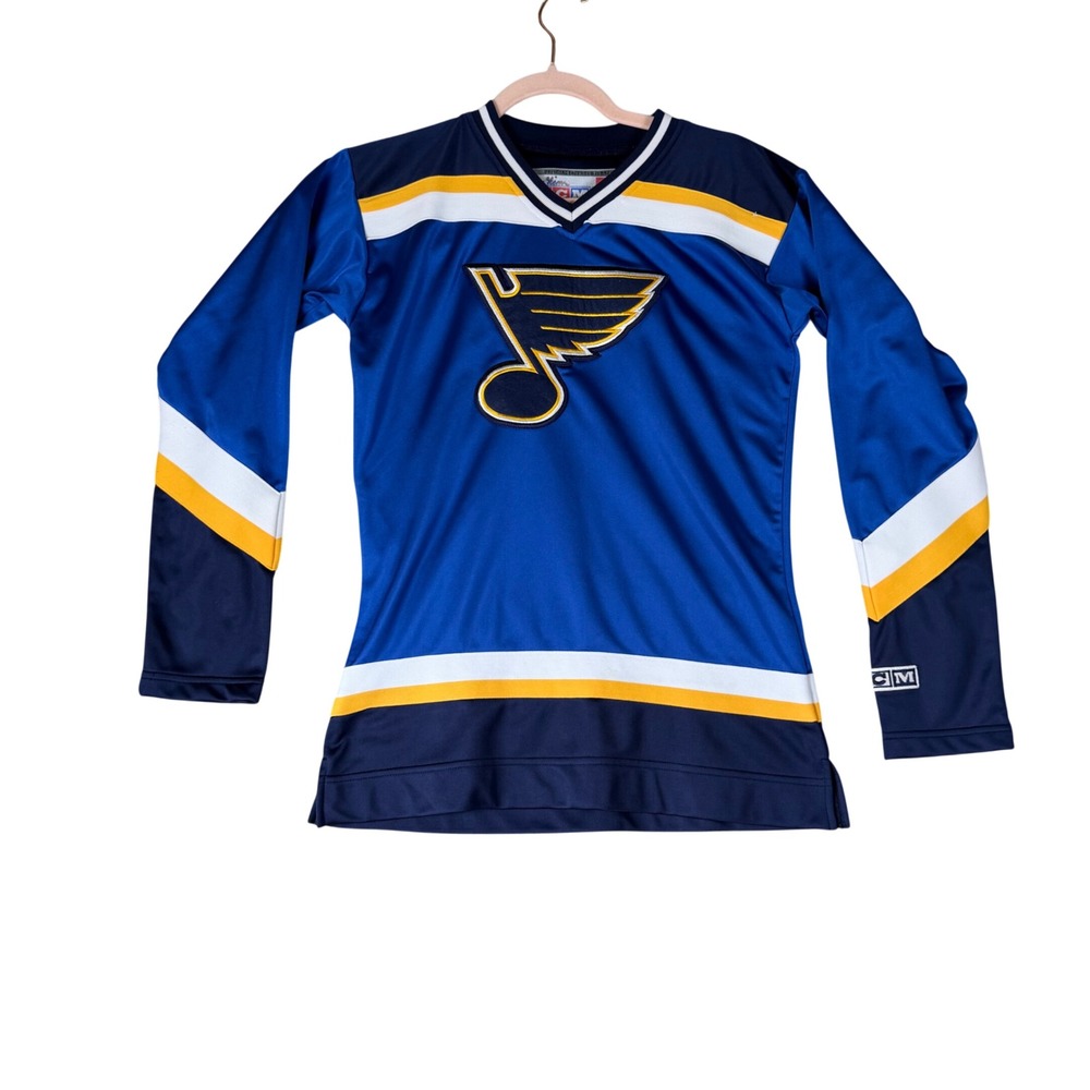 CCM St Louis Blues NHL Hockey Jersey Women XS Blue Yellow V-Neck Long Sleeve